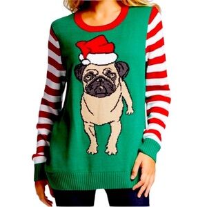 Ugly Christmas Sweater Pug Santa Hat Striped Sleeves Crewneck Unisex size Medium